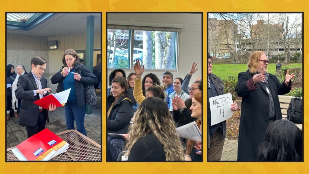 three photos with an orange background, photo 1: some putting on a name tag and another person looking through a folder, photo 2: a group of people sitting, some hands raised, photo 3: some holding a "Metro 4" sign and another person gesturing with their hands.